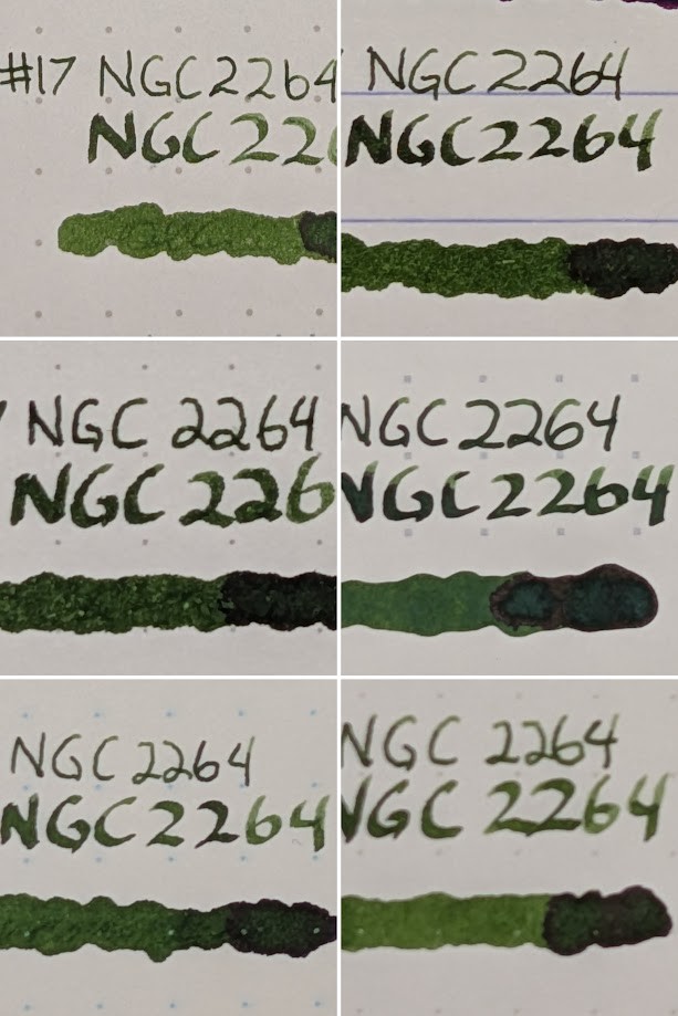 Collage of six photos of text on paper. Each photo consists of: - "NGC 2264" written with an EF nib - "NGC 2264" written with a stub nib - A swirl of ink made with a glass dip pen The ink color is the same for all, medium forest green with some shading. From the top left, the papers are: - Maruman Mnemosyne - Clairefontaine Triomphe - Paperage Notebook - Iroful Notebook - Midori MD Notebook - Tomoe River S Kanso