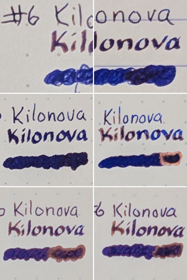 Collage of six photos of text on paper. Each photo consists of: - "Kilonova" written with an EF nib - "Kilonova" written with a stub nib - A swirl of ink made with a glass dip pen The ink color is the same for all: A blue-purple "blurple" ink with reflective red/purple sheen where ink has pooled. From the top left, the papers are: - Maruman Mnemosyne - Clairefontaine Triomphe - Paperage Notebook - Iroful Notebook - Midori MD Notebook - Tomoe River S Kanso