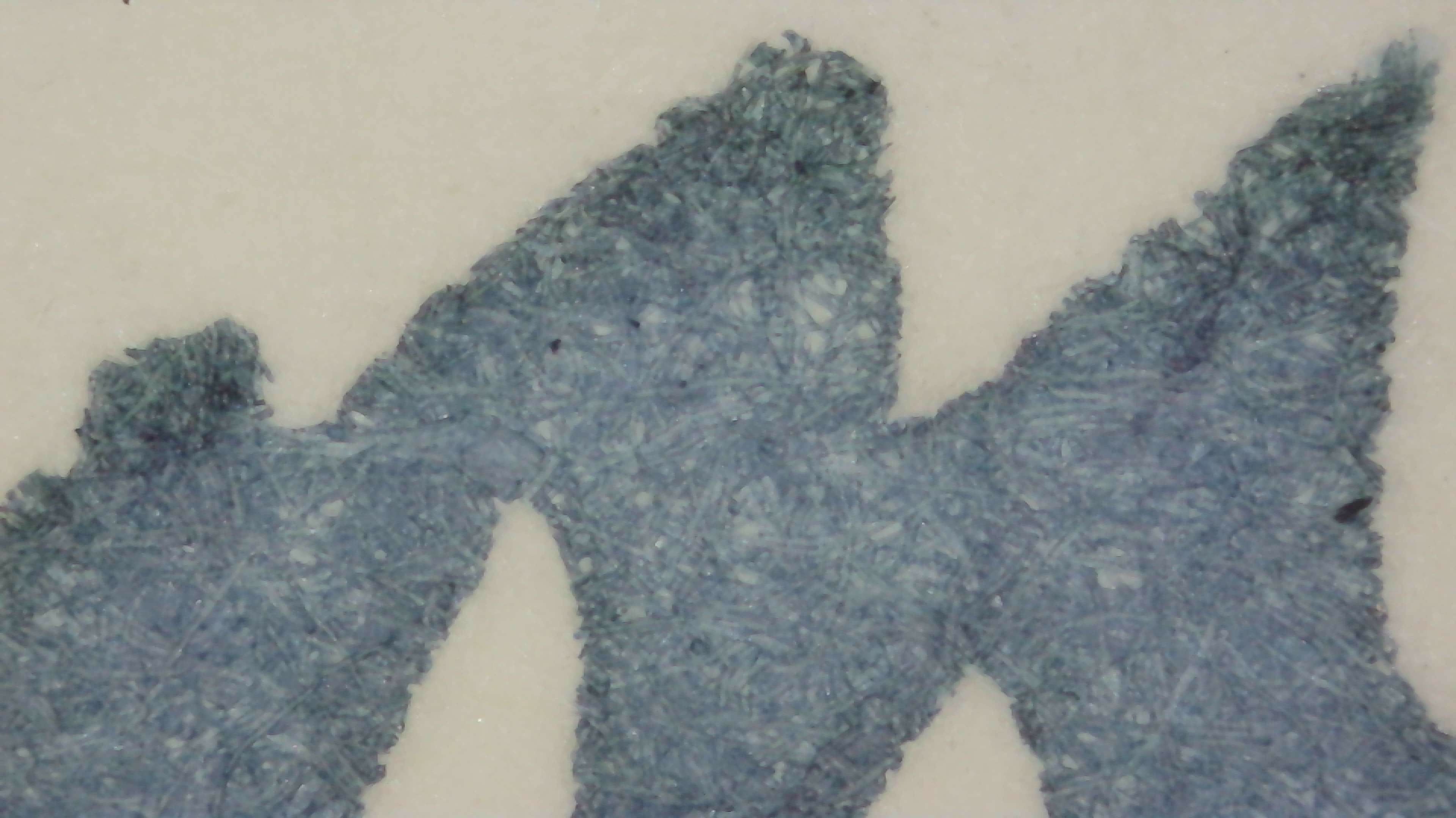 Photo of ink on paper under magnification. It appears to be the top of the letter "m". Most of the letter is a dark slate blue, the top portion of the lines is more green/teal.