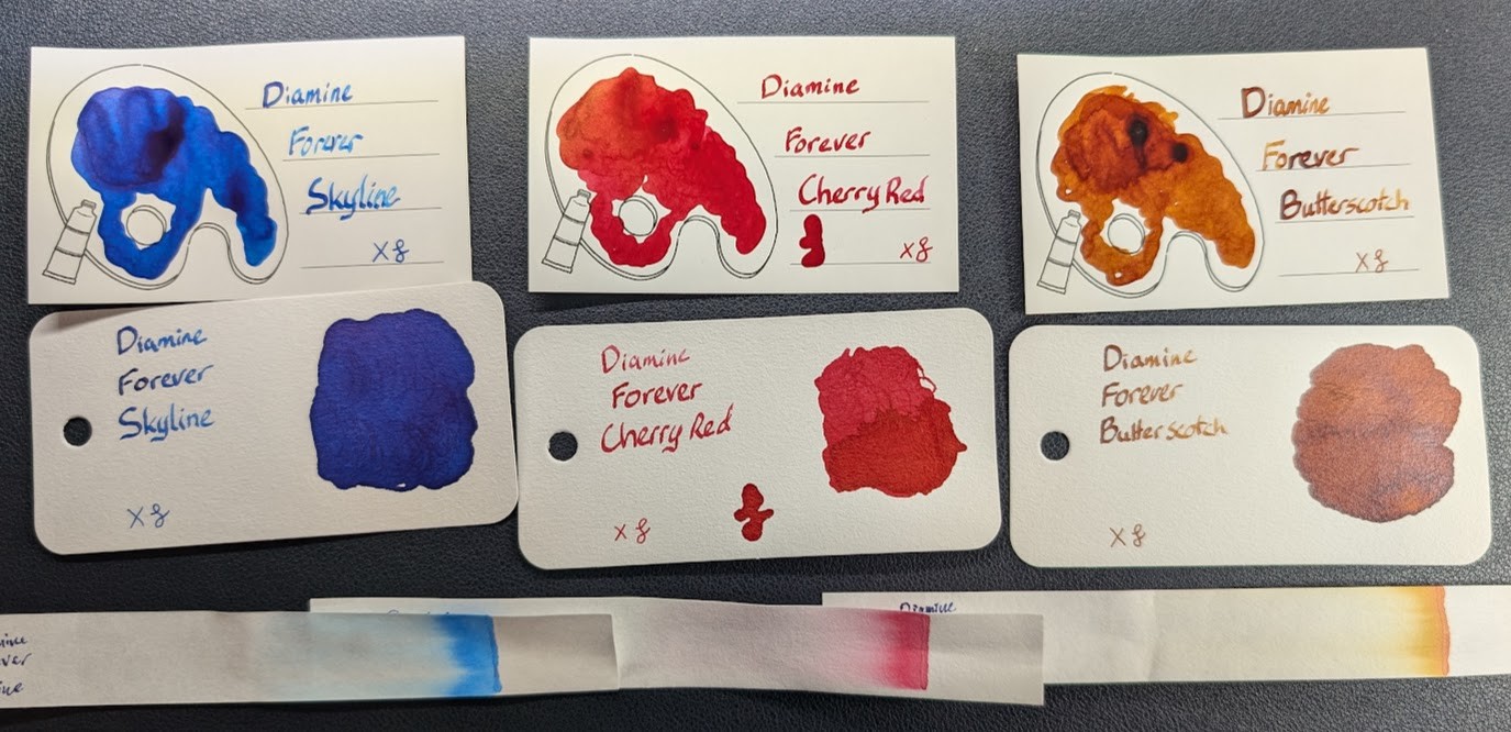 Photo of ink swatches for three inks taken top-down. Each swatch has an Iroful card, Col-o-ring card, and a chromatography strip. All inks are from the Diamine Forever line. From left to right they are: - Skyline. A medium/light blue. Shades between light and medium blue. Chromatography starts light blue and fades to clear, no other colors. - Cherry Red. A bright and bold true red. Shades between light/dark tints of same. Chromatography starts light red/pink and fades to clear, no other colors. - Butterscotch. A medium brown that shades to a darker tint. Chromatography starts tan but shifts a little yellow before going clear.