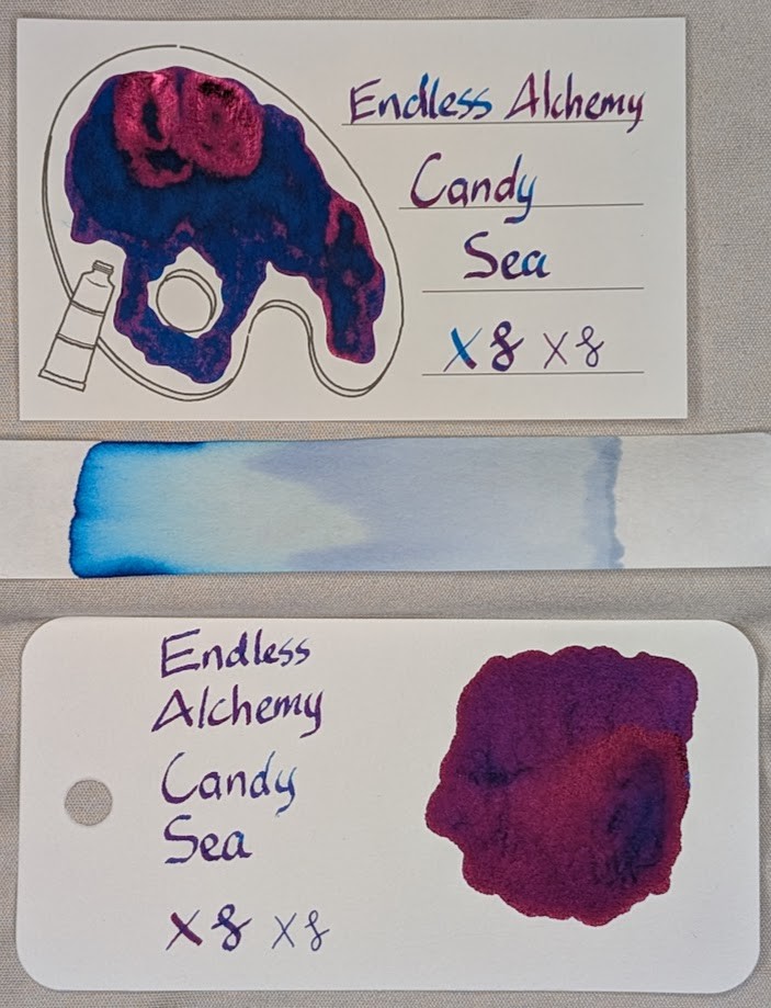 Photo of two ink swatch cards and a chromatography strip. Both cards have text reading "Endless Alchemy Candy Sea" followed by an X and curlicue in a stub and EF nib width. Overall the ink is a deep, dark blue with heavy dark red reflective sheen. The top card is an Iroful swatch card with an outline of a paint palette. Inside the palette is mostly filled in with swirls of midnight blue ink and areas reflecting magenta. Some areas with more ink are even darker blue, and areas with even more ink are reflecting magenta. The bottom is a Col-O-Ring swatch card. It has a large vaguely circular blob of ink that appears to be purple with some areas closer to magenta, but the entire surface appears reflective. The chromatography strip starts sort of a blue-gray, then a little clear, then gradually darkens to medium blue then very dark blue around the leading edge.