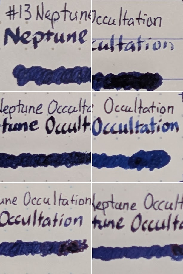Collage of six photos of text on paper. Each photo consists of: - "Neptune Occultation" written with an EF nib - "Neptune Occultation" written with a stub nib - A swirl of ink made with a glass dip pen Each paper has a slightly different appearance for the ink. On some it is dark blue-purple. On some it's a dark blue with purple shading, and some coppery sheen shows through on the darker areas in some places. From the top left, the papers are: - Maruman Mnemosyne - Clairefontaine Triomphe - Paperage Notebook - Iroful Notebook - Midori MD Notebook - Tomoe River S Kanso