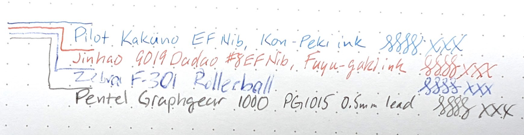 Image of four handwritten lines of text. To the left of the text are four thin lines which branch out and go over one line of written text each. After the text on each line is a series of loops and X's Lines are as follows: Line 1: Pilot Kakuno EF Nib, Kon-Peki ink -- This pen line is very thin and dark blue in color. Line 2: Jinhao 9019 Dadao #8 EF Nib, Fuyu-gaki Ink -- This pen line is slightly thicker than the first line and orange in color. Line 3: Zebra F-301 Rollerball -- This pen line is thicker yet, is blue in color, and has visible skips in the writing Line 4: Pentel Graphgear 1000 PG1015 0.5mm lead -- This line is in pencil, gray in color, and is nearly as thin as the ink lines.