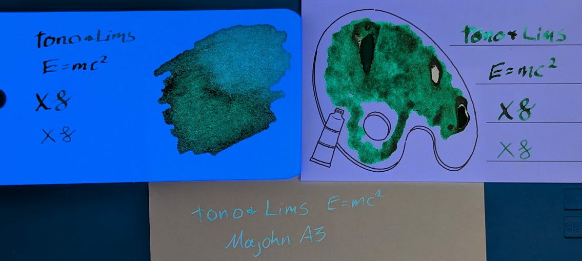 Same as photo 1, but under UV light. The ink on the Col-o-ring is glowing dark green but the card itself is also glowing bright light blue. The ink on the Iroful card is glowing green. The paper has a faint bluish glow. The writing on the Midori sheet is glowing green. The paper is unchanged.