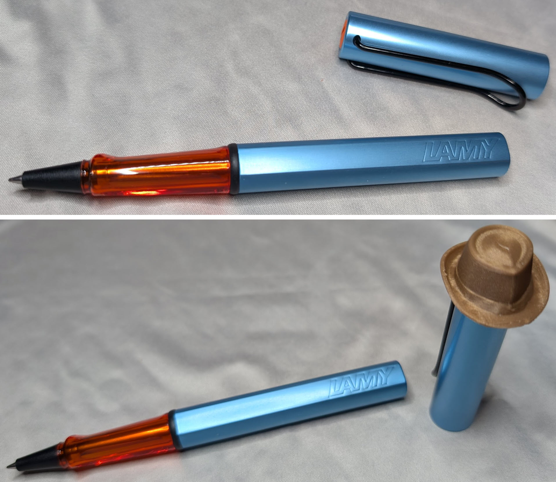 Two photo collage of a pen. The pen body and cap are a very light "denim" blue with maybe a hint of green to it. The section and finial are translucent orange. The clip and tip of the pen are black. In the top photo the pen is laying uncapped with the cap laying alongside to the pen. In the bottom photo the cap is standing up and a brown plastic fedora is resting on top. The colors of the pen, especially with the context of the hat, resemble Perry the Platypus from the TV show Phineas and Ferb.