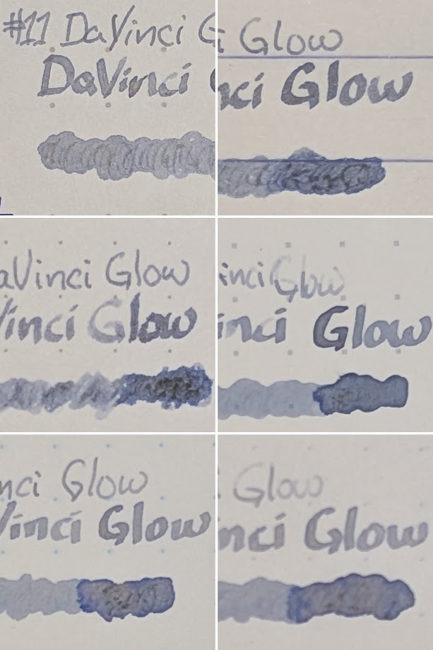 Collage of six photos of text on paper. Each photo consists of: - "DaVinci Glow" written with an EF nib - "DaVinci Glow" written with a stub nib - A swirl of ink made with a glass dip pen The ink color is the same for all: A light blue-gray with some areas that are darker, and in the dark areas it is blue in places and dark gray in others. It is more blue near the edges and more gray in some areas with lots of ink. From the top left, the papers are: - Maruman Mnemosyne - Clairefontaine Triomphe - Paperage Notebook - Iroful Notebook - Midori MD Notebook - Tomoe River S Kanso