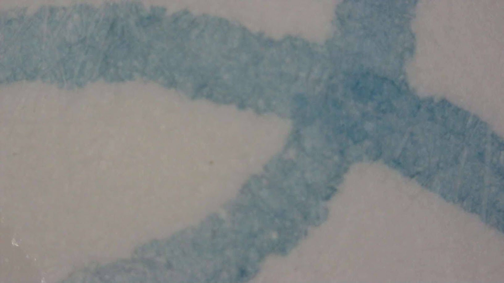 Photo of ink writing on paper under magnification. Paper fibers are visible. The ink is a pale blue with some areas slightly darker where lines overlap.