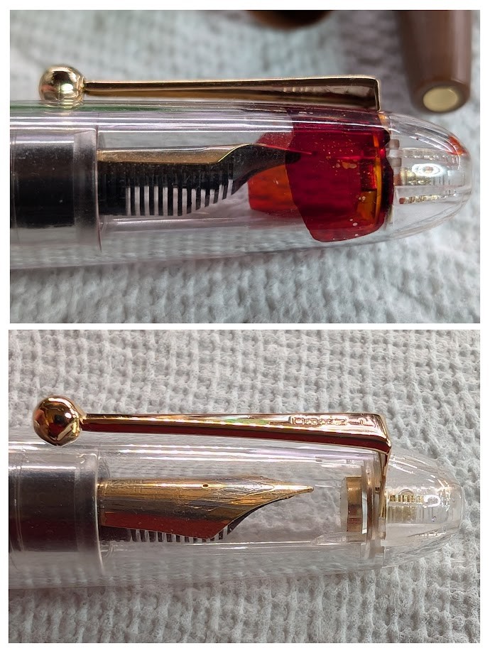 two-photo collage of a capped fountain pen with a transparent cap. In the top photo, there is red ink between the inner and outer cap. The bottom photo is the same but the red ink is gone, it's all clean!