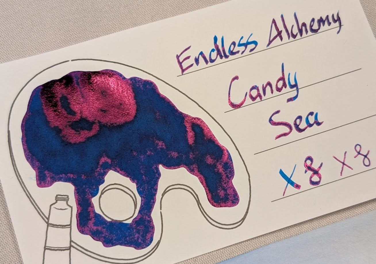 Low angle photo an ink swatch card. Overall the ink is a deep, dark blue with heavy dark red reflective sheen. The card is an Iroful swatch card with an outline of a paint palette. Inside the palette is mostly filled in with swirls of midnight blue ink and areas reflecting magenta. Some areas with more ink are even darker blue, and areas with even more ink are reflecting magenta.