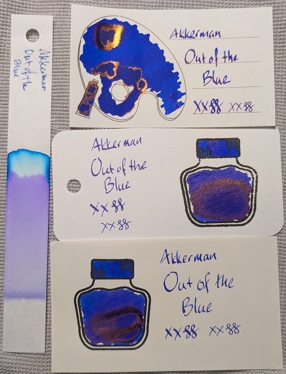 Photo of 3 ink swatches & chromatography strip for Akkerman "Out of the Blue" which is a bold blue/purple-ish ink ("blurple") with red sheen. Each swatch contains the ink name followed by "XX" 2 curlicues in both stub and EF widths. Swatch 1: Iroful swatch card with an outline of a paint palette and tube. The palette is mostly filled in with swirls of ink, a few areas are darker and more purple with visible red sheen around the edges. There is an outline of a paint tube which is swabbed and looks similar. The writing is blue with red sheening around its edges and in some shaded areas. Swatch 2: Col-o-ring swatch card with a stamped outline of an ink bottle. The outlined area is mostly full of an ink blob which is darker purple at the bottom and more blurple at the top. Sheen is visible around the darkest area. Swab across "cap" looks more blue. The writing samples look more purple than Iroful but still blurple. Swatch 3: Midori MD swatch card with a stamped outline of an ink bottle. The outlined area is mostly full of an ink blob which is darker purple at the bottom and blue/blurple at the top. Sheen is visible around the darkest area. Swab across "cap" is more blue. The text is blue like Iroful but without obvious sheen Chromatography starts at a light purple line and then stays mostly lighter purple until near the end where it separates into a dark blue near the edge.
